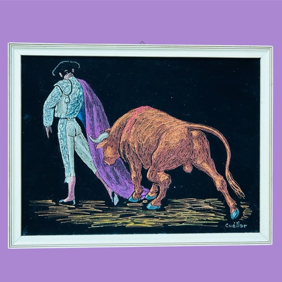 Velvet Matador Bullfighting Spanish Signed Painting VTG in Wooden Frame 13x17”
